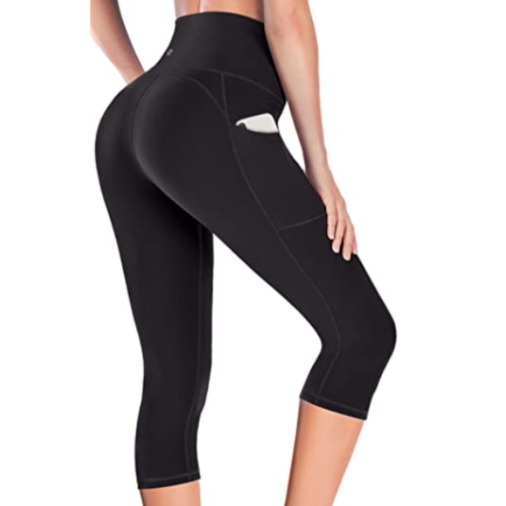 Ewedoos~ High Waisted Butt Lifting Capri black Yoga Pants with Pockets. Sz XL